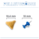 Diagramm mit Beschriftung PELLETGRÖSSE zeigt dreieckige Tierfutterkrokette 10,4 mm (links) und blaue Reißzwecke 10 mm (rechts)