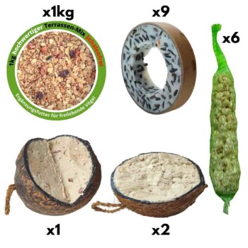 Vogelfutter, 1kg Terrassenmix + 9 Meisenringe + 6 Erdnussstangen + 1 Kokosnuss Klassik V-cut + 2 halbe Kokosnüsse Erdnuss für freilebende Vögel
