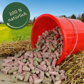 Roter Eimer, der pinke und grüne Kleintierpellets auf Heu in einem Feld verschüttet; grünes Siegel mit der Aufschrift '100% natürlich'.
