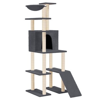 Katzenbaum mit mehreren Ebenen, einem gemütlichen Versteck und einer Rampe, mit einem modernen Design in Grau und natürlichen Holzfarben.