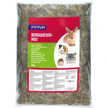 Un sac de 10 kg de FIT+FUN Bergwiesen-Heu avec des images d'un lapin, d'un cochon d'Inde, d'un hamster et d'un chinchilla, plus des descriptions multilingues.