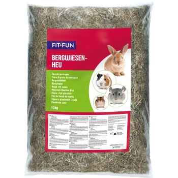 Un sac de 10 kg de FIT+FUN Bergwiesen-Heu avec des images d'un lapin, d'un cochon d'Inde, d'un hamster et d'un chinchilla, plus des descriptions multilingues.