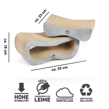 Kratzbaum für Katzen mit geschwungenem Design, Maße: 45 cm x 23 cm x 18 cm, aus umweltfreundlichen Materialien und mit hoher Stabilität.