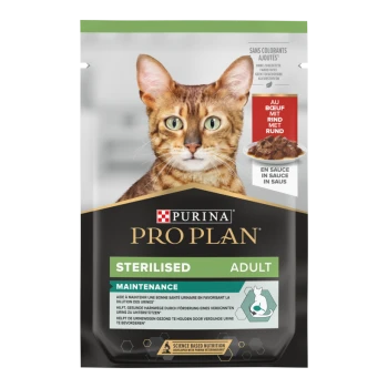 Emballage de nourriture pour chats adultes stérilisés Purina Pro Plan présentant un gros plan d'un chat Bengal, étiqueté "Entretien" avec des avantages nutritionnels.