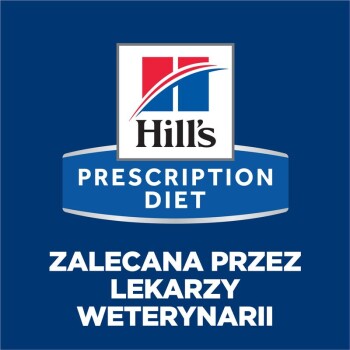 Logo Hill's Prescription Diet na niebieskim tle z napisem 'Zalecana przez lekarzy weterynarii'.