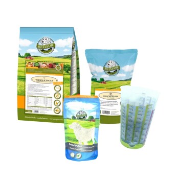 Bild von Bellfor Tierprodukten: 'Wiesen-Schmaus' Futter, 'Fleischstreifen' Leckerlis, 'Dental Pulver' und ein Messbecher.