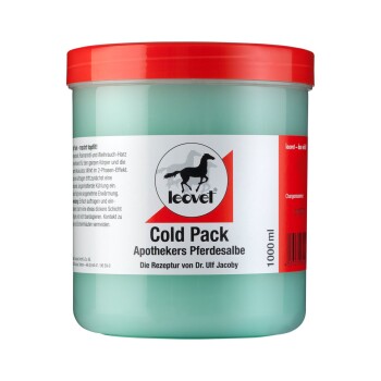 Leovet Cold Pack Pferdesalbe in einem türkisfarbenen Behälter mit rotem Deckel; das Etikett zeigt deutschen Text und Anwendungshinweise.