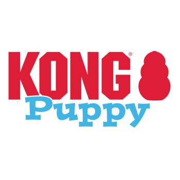 Logo KONG Puppy: pogrubiony czerwony napis „KONG” z czerwoną sylwetką zabawki KONG i niebieskim napisem „Puppy”.