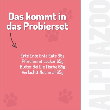 Weicher Trainingssnack für Hunde und Katzen, mit Forelle und Pollack, beschriftet mit "Alles Fisch auf'm Tisch" mit einem rosa Deckel und Nährstoffsymbolen.
