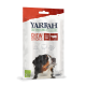 Emballage de bâtonnets à mâcher bio-organique Yarrah avec une illustration de chien, indiquant '99 % de bœuf, porc et poulet', et '33g'.