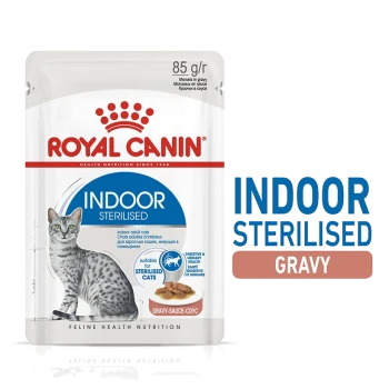 Royal Canin Indoor Sterilised cat food pouch, featuring a gray cat illustration, labeled "Indoor Sterilised" and "Gravy," with nutritional details.