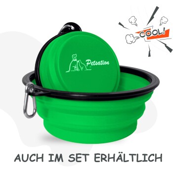 Grüne zusammenklappbare Haustierschale mit Deckel und Karabiner, Marke "Petsation", mit dem Text "COOL!" und dem deutschen Satz "AUCH IM SET ERHÄLTLICH."
