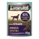 Emballage des friandises pour chiens Purina AdVENTUROS Mini Steaks, présentant une silhouette de chien, avec un texte mettant en avant 93% de viande et une recette sans céréales.