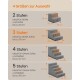 Diagramm zeigt 4 Größen grauer Haustiertreppen: ‚2 Stufen‘, ‚3 Stufen‘, ‚4 Stufen‘, ‚5 Stufen‘ mit Abmessungen und Beschriftungen ‚25 kg‘.