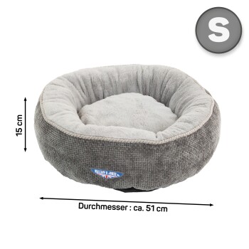 Kleines rundes Haustierbett in Grau mit einem plüschigen Innenraum, 15 cm hoch und etwa 51 cm im Durchmesser.