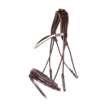 Braunes Leder-Haustiergeschirr mit einem dekorativen Kristallriemen, vor einem weißen Hintergrund präsentiert.