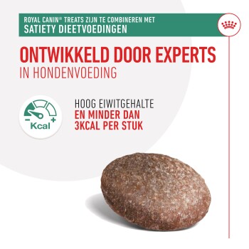 Royal Canin honden traktaties op een witte achtergrond, met een hoog eiwitgehalte en minder dan 3 kcal per stuk.