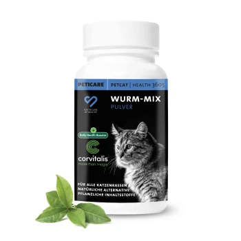 Flasche mit Wurm-Mix-Pulver für Katzen, mit einer grauen getigerten Katze auf dem Etikett, mit Text, der 'Bauchgesundheitsbooster' und 'corvitalis' hervorhebt.
