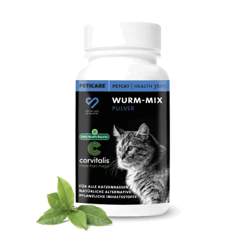 Flasche mit Wurm-Mix-Pulver für Katzen, mit einer grauen getigerten Katze auf dem Etikett, mit Text, der 'Bauchgesundheitsbooster' und 'corvitalis' hervorhebt.