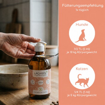 Hand pumpt LACHSÖL (Lachsöl) in einen Löffel; rechter Abschnitt zeigt die deutsche Dosierung „DOSIERUNG 1x täglich“ für Hunde und Katzen.