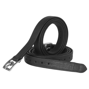 Schwarze Leder-Hundeleine mit einer silbernen Schnalle, mit dem geprägten Text "EQUINATE" am Griff.