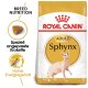 Royal Canin Sphynx Adult Katzenfutterbeutel mit einer Sphynx-Katzenillustration, mit Text, der die rassespezifische Ernährung und den hohen Energiegehalt hervorhebt.