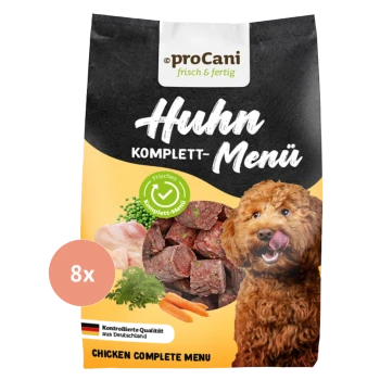Hundefutterverpackung mit der Aufschrift 'proCani Huhn Komplett-Menü' mit einem braunen Hund, frischem Huhn, Gemüse und 'Kontrollierte Qualität aus Deutschland.'