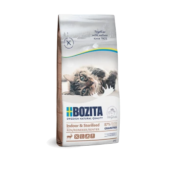 Ein Beutel Bozita Katzenfutter mit einer verspielten Katze auf der Vorderseite, beschriftet mit 'Indoor & Sterilised', mit 87% Rentieranteil und getreidefrei.