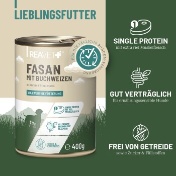 Dose mit Haustierfutter mit der Aufschrift 'Fasan mit Buchweizen', die Kürbis und Himbeeren zeigt, hebt ein einzelnes Protein, Verdaulichkeit und Getreidefreiheit hervor.