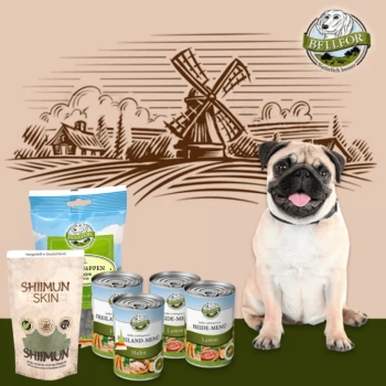 Ein glücklicher Mops sitzt neben einer Windmühle, umgeben von Dosen mit Tierfutter, beschriftet mit "Hühn" und "Lamm," und einem Beutel mit "SHIIMUN SKIN" Leckerlis.