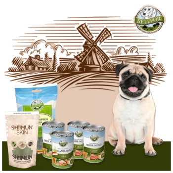 Ein glücklicher Mops sitzt neben einer Windmühle, umgeben von Dosen mit Tierfutter, beschriftet mit "Hühn" und "Lamm," und einem Beutel mit "SHIIMUN SKIN" Leckerlis.