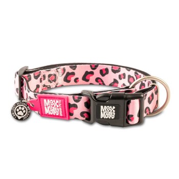 Rosa und schwarzes Hundehalsband mit Leopardenmuster, schwarzer Schnalle, Metallring und Anhänger mit der Aufschrift "Ich bin verloren! Bitte bring mich zurück!" und "Max & Molly."