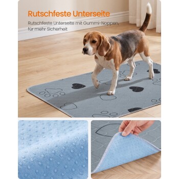 Beagle auf grauer Pfotenmuster-Anti-Rutsch-Matte mit sichtbarem Text 'Rutschfeste Unterseite'; Nahaufnahmen zeigen blaue gummigenoppte Unterseite und Hand, die die Ecke anhebt
