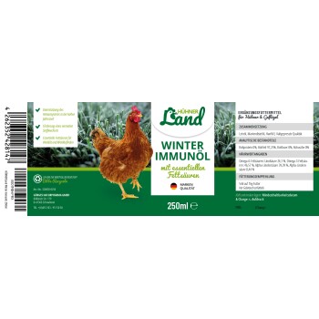 Etikett für "Hühner Land Winter Immunöl," ein 250ml Ergänzungsmittel für Hühner, mit einer braunen Henne, Nährstoffinformationen und Recycling-Symbol.