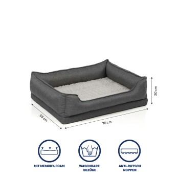 Graues Haustierbett mit Memory-Schaum, Maße 70x55x20 cm, mit waschbaren Bezügen und rutschfester Unterseite.