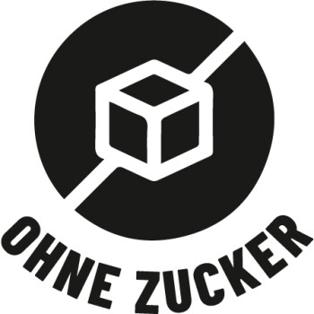 Logo mit einem durchgestrichenen Zuckerstück und dem Text 'OHNE ZUCKER' darunter, was auf ein zuckerfreies Produkt hinweist.