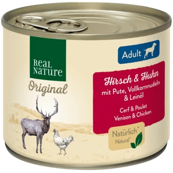 Dosen-Hundefutter mit der Aufschrift "Real Nature Original" mit Wild und Huhn, mit Zutaten wie Vollkornnudeln und Leinsamenöl.