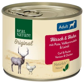Dosen-Hundefutter mit der Aufschrift "Real Nature Original" mit Wild und Huhn, mit Zutaten wie Vollkornnudeln und Leinsamenöl.