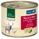 Dosen-Hundefutter mit der Aufschrift "Real Nature Original" mit Wild und Huhn, mit Zutaten wie Vollkornnudeln und Leinsamenöl.