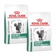 Twee zakken Royal Canin Veterinary Diet, gelabeld 'Satiety Weight Management', met een kattenillustratie op elke zak.