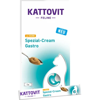 Kattovit Feline Spezial-Cream Gastro mit Huhn, mit einem Löffel cremiger Textur, beschriftet mit 'NEU' und '6x' auf der Verpackung.
