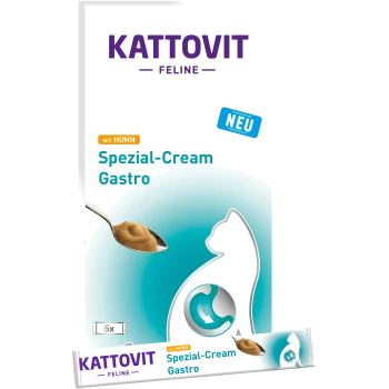 Kattovit Feline Spezial-Cream Gastro avec poulet, présentant une cuillerée de texture crémeuse, étiquetée 'NEU' et '6x' sur l'emballage.