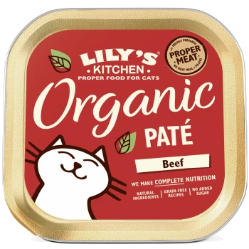 Pâté de bœuf biologique Lily's Kitchen pour chats, avec une illustration de chat souriant et un texte sur des ingrédients naturels et sans céréales.