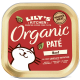 Pâté wołowe Lily's Kitchen Organic dla kotów, z ilustracją uśmiechniętego kota i tekstem o naturalnych, bezziarnistych składnikach.