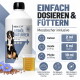 Nahaufnahme einer Person, die einen weißen Hund streichelt, mit unscharfem Hintergrund, mit Textüberlagerung "MIT EXPERTEN ENTWICKELT" über die Expertenentwicklung in Deutschland.