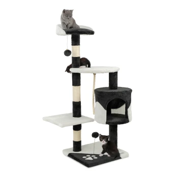 Kratzbaum Höhe 112 cm schwarz/ weiß Ein mehrstöckiger Katzenbaum mit zwei Katzen: einer grauen Katze auf der oberen Plattform und einem schwarz-weißen Kätzchen, das darunter spielt.