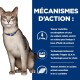 Un chat avec un collier bleu est assis contre un fond bleu avec du texte sur les bienfaits de la nourriture pour animaux comme les Oméga-3 et les nutriments contrôlés.