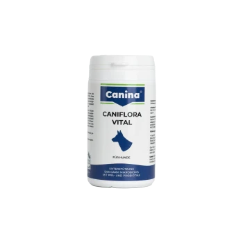 Weiße Canina Caniflora Vital Hundevergänzungsflasche mit blauer Hundesilhouette; sichtbarer Text 'Für Hunde' und 'Unterstützung des Darm-Mikrobioms'.