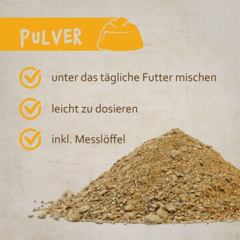 Pulverförmiges Haustierergänzungsmittel mit dem Text: "Pulver", "unter das tägliche Futter mischen", "leicht zu dosieren", "inkl. Messlöffel."