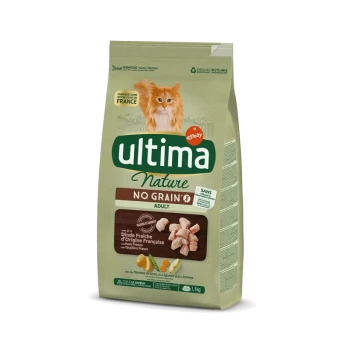 Sac de nourriture pour chat étiqueté 'Ultima Nature No Grain Adult' avec une image de chat, avec de la dinde fraîche et des légumes listés comme ingrédients.